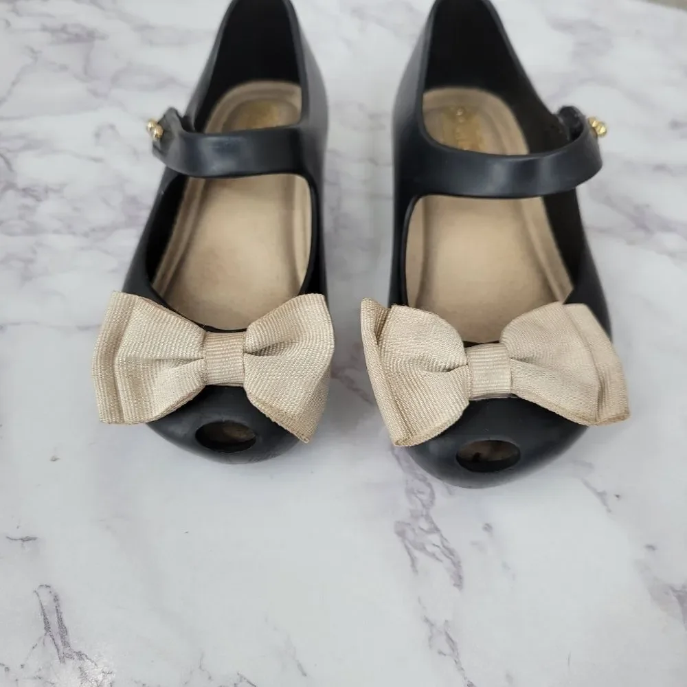 Mini Melissa Peep Toe Black Mary Jane Kids Shoes with Bow Rubber Jelly Dress